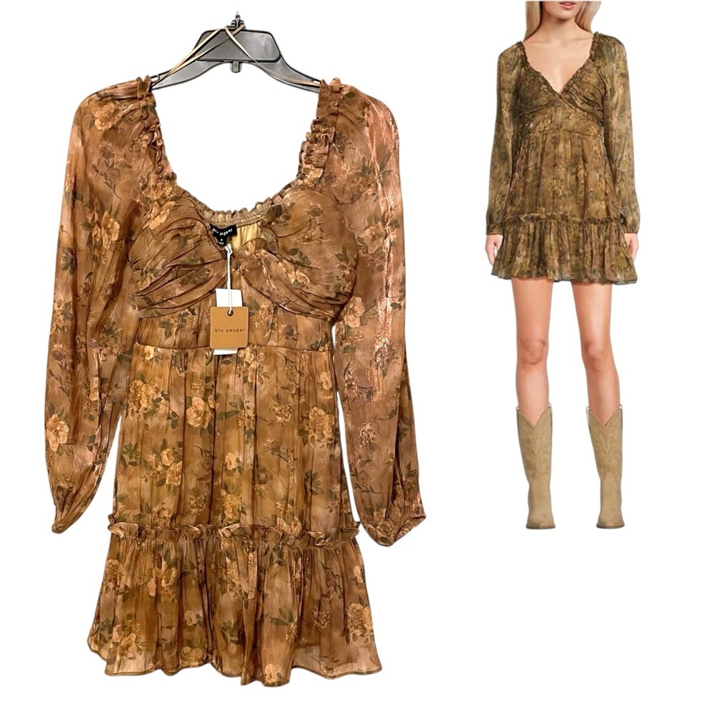 NEW Blu Pepper Sweetheart Neck Brown Watercolor Floral Ruffle Hem Dress Size S - Picture 1 of 8